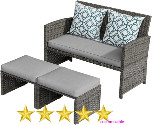 3 Pieces Outdoor Wicker Conversation Loveseat with Ottomans