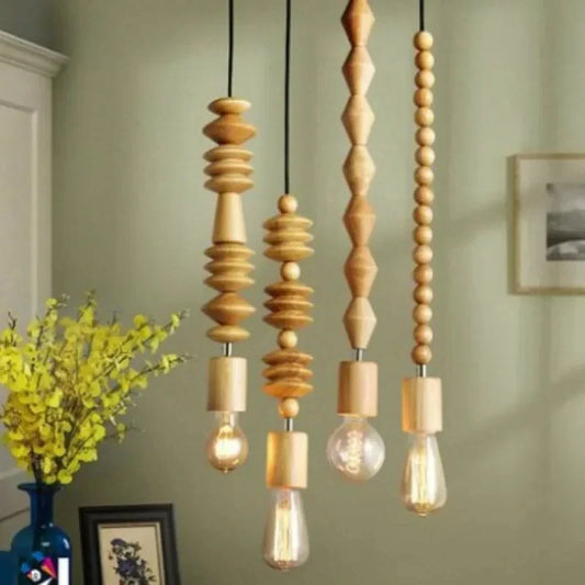 Retro Style Pendant Lights Oak Wooden Geometric Beads