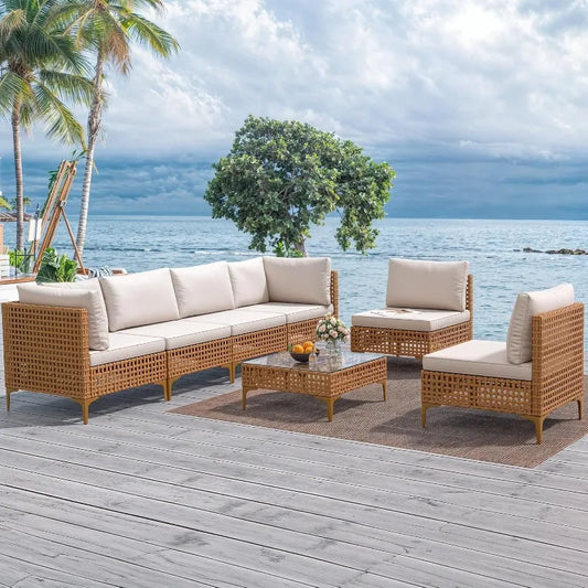 7-Piece Patio Furniture Set, All-Weather PE Wicker Patio Conversation Set