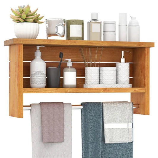 Wood Wall-Mounted Storage Shelf with Towel Bar