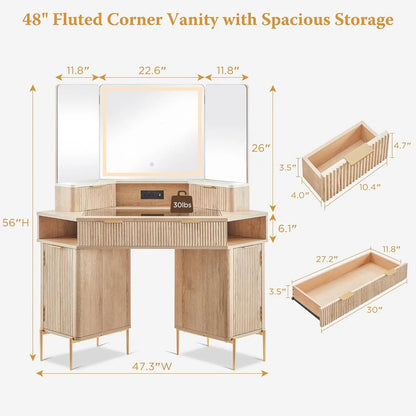 48'' Fluted Makeup Vanity Desk with HD Triple Mirror and Lights