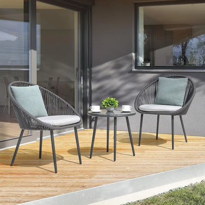 3 Piece Outdoor Bistro Set, Woven Rope Conversation Patio Set