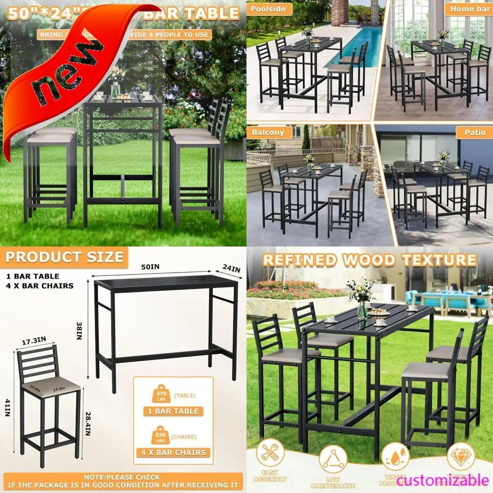5-Piece Outdoor Patio Bar Set with 54.7 Rectangular High-Top Table and 4 Cushioned Bar Stools