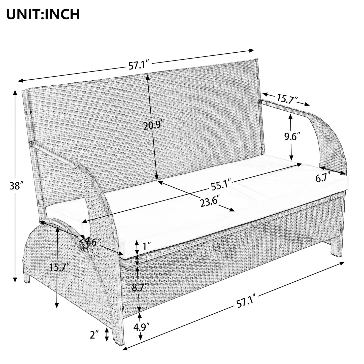 Outdoor Rattan Loveseat Convertible Picnic Upholstered Bench