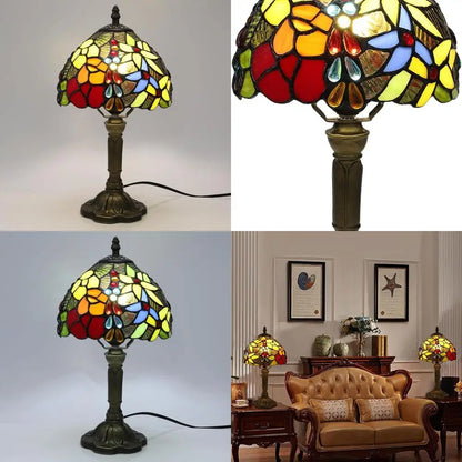 Rose-Themed Tiffany Stained Glass LED Table Lamp 8x8x15 Inches