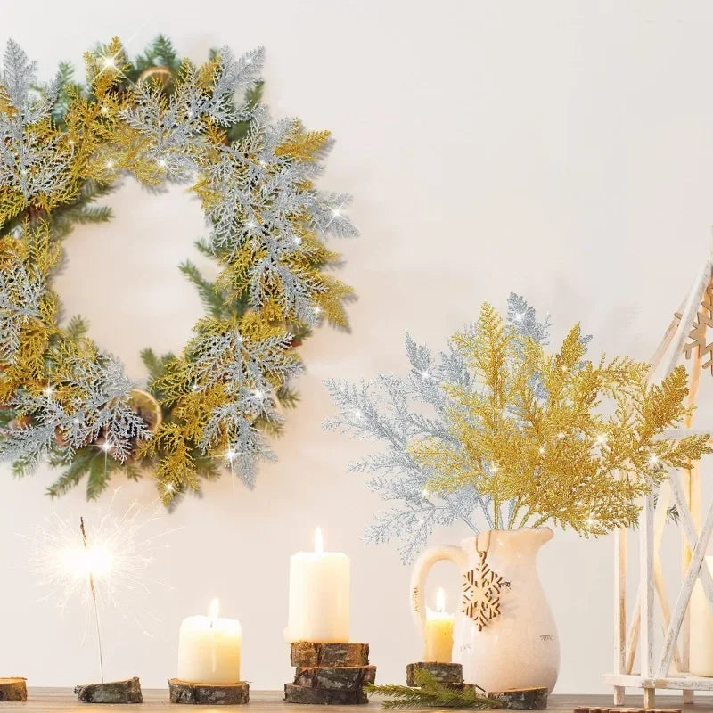 Artificial Pine Leaves Branches Christmas Gold Silver Plant