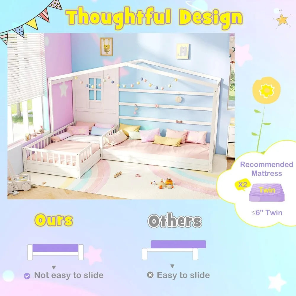 L Shaped Twin Beds for Kids Double, Wooden, Fence & Slats