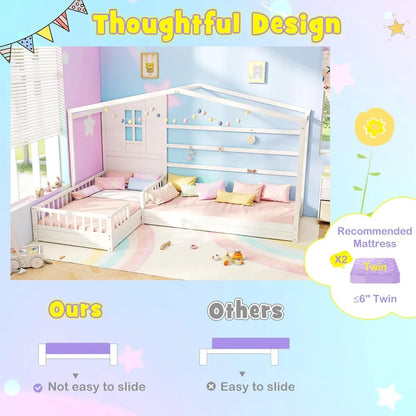 L Shaped Twin Beds for Kids Double, Wooden, Fence & Slats