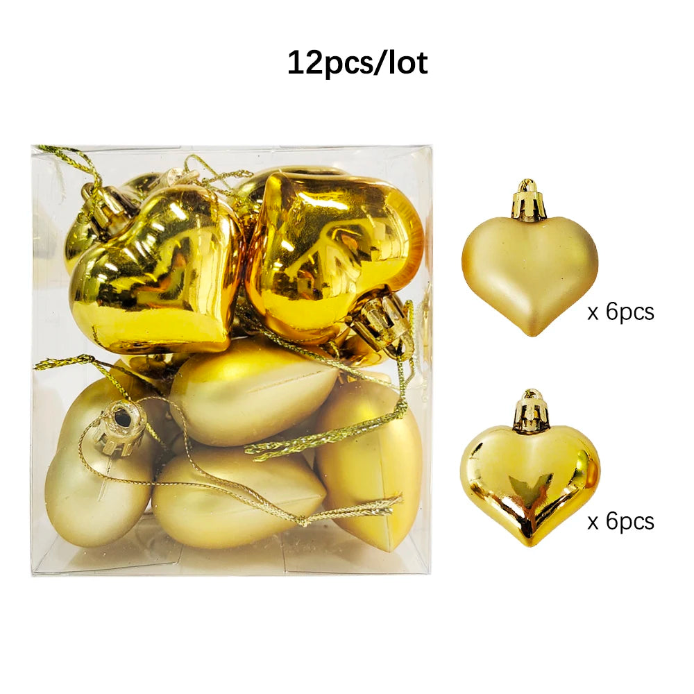 12Pcs Love Heart Christmas Balls Ornament Red Gold Plastic Balls