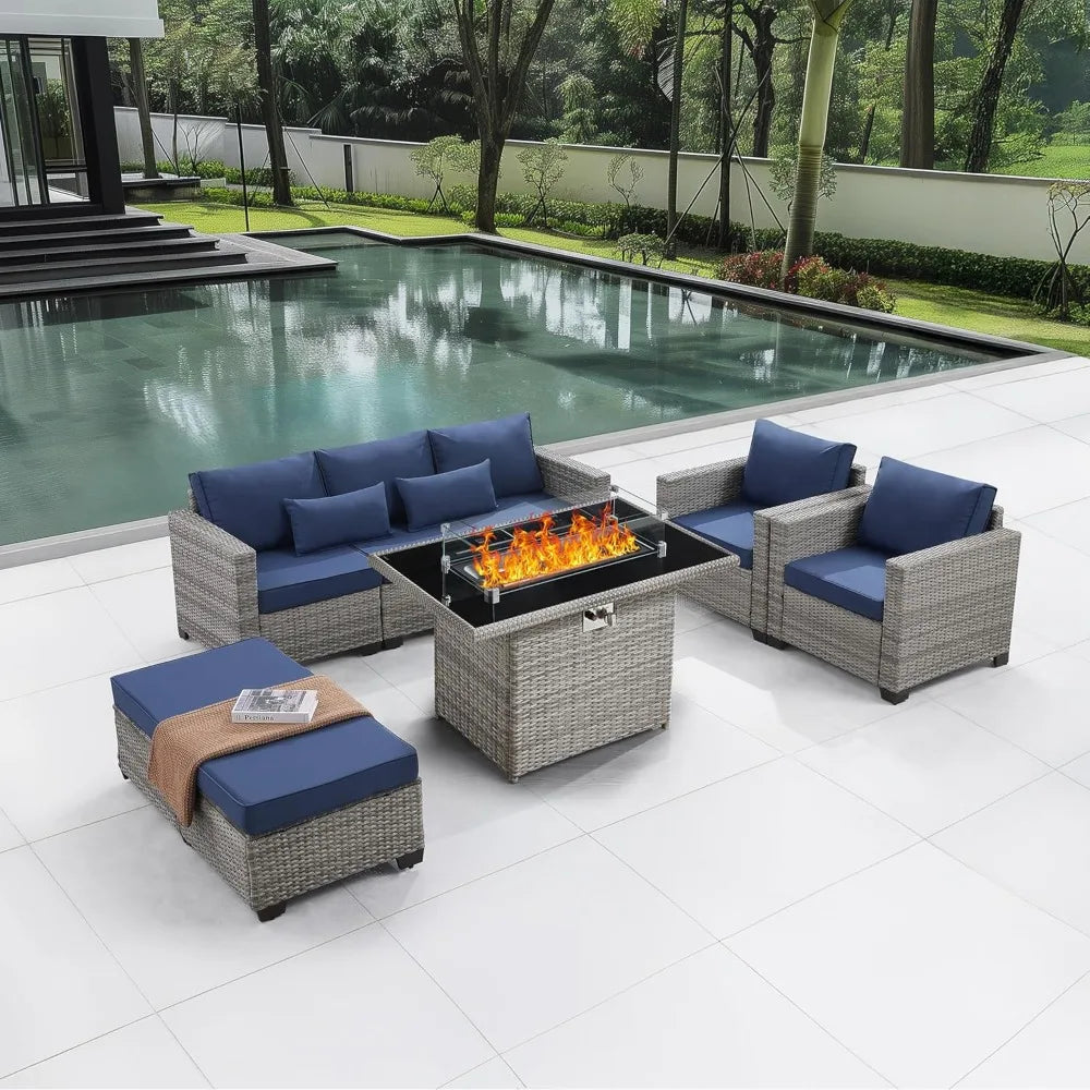 6-Piece Outdoor Patio Set with Fire Pit Table, 60000 BTU Propane Heater (Royal Blue)