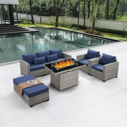 6-Piece Outdoor Patio Set with Fire Pit Table, 60000 BTU Propane Heater (Royal Blue)