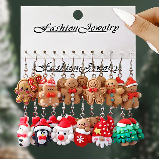 Cartoon Gingerbread Man Christmas Tree Santa Penguin Resin Dangle Earrings