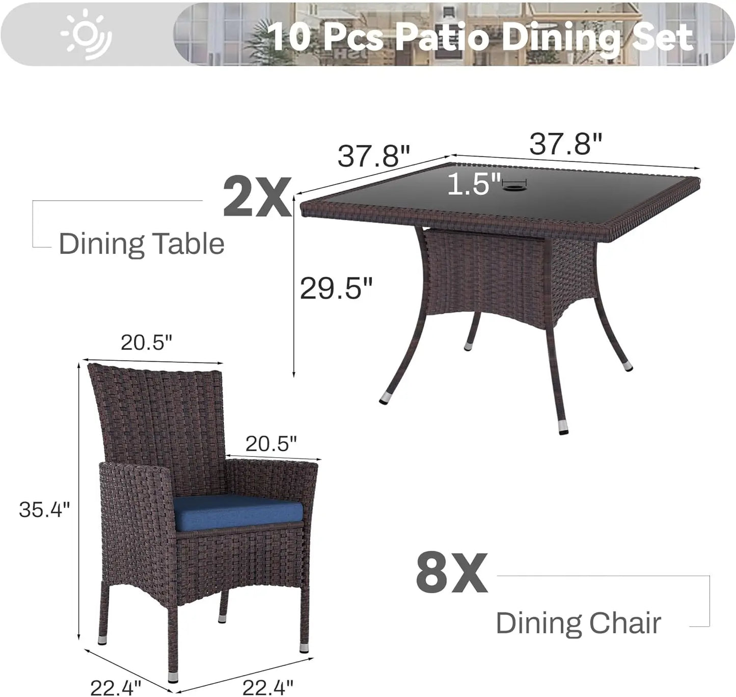 10 Piece Outdoor Dining Set, Rattan 8 Chairs,Patio Dining Table and Chairs w/Cushions