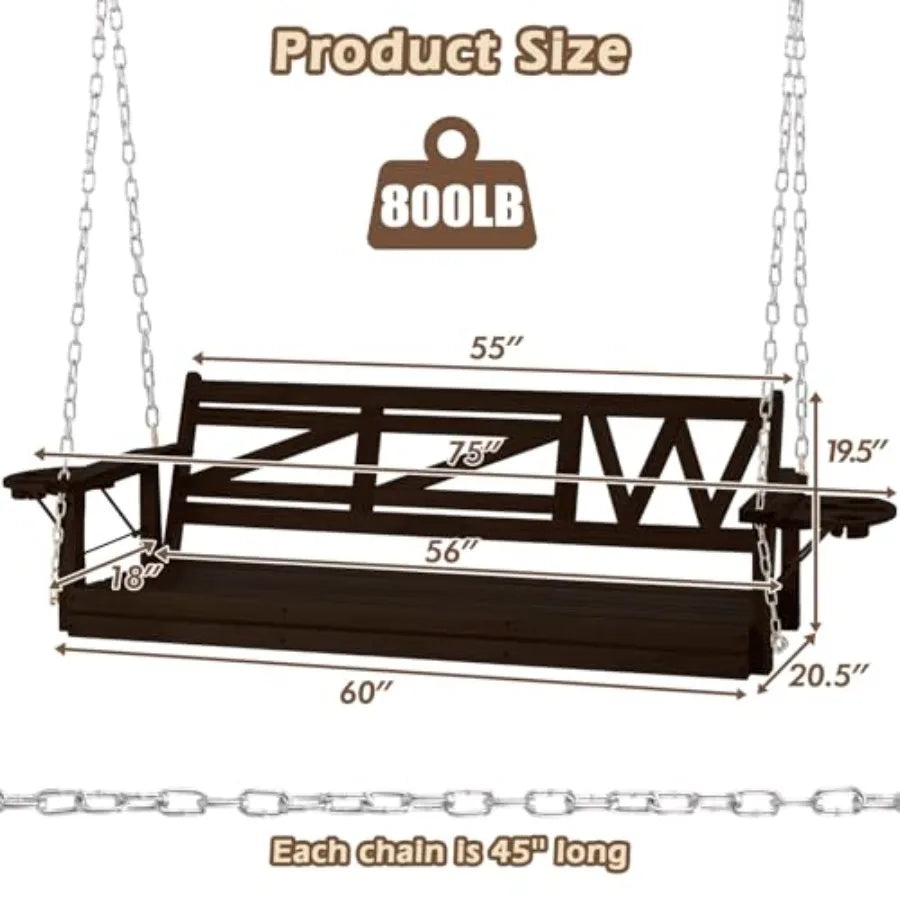 Heavy Duty Wooden Porch Swing with Hanging Chains  800 LBS Capacity