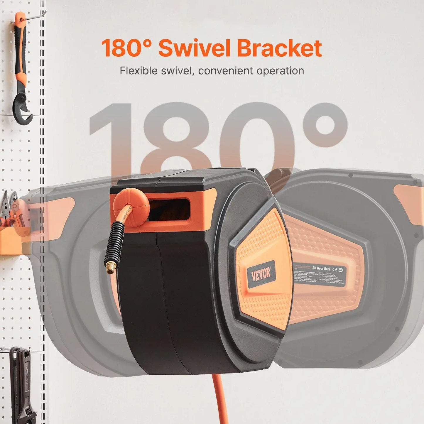 65ftx3/8in Industrial Air Hose Reel 300PSI with Quiet Retraction and Full Rotation Bracket