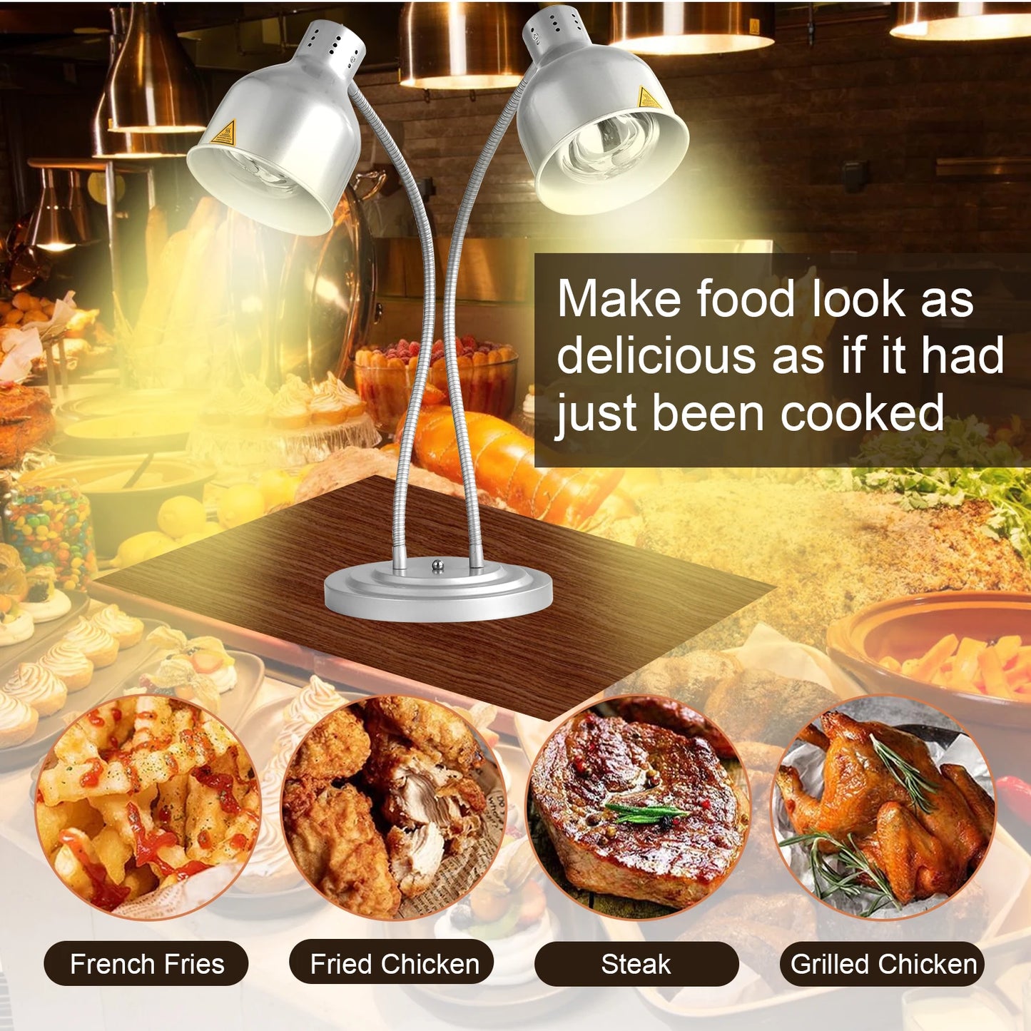 Food Heat Lamp, 2-Head Food Warmer Light, Stainless
