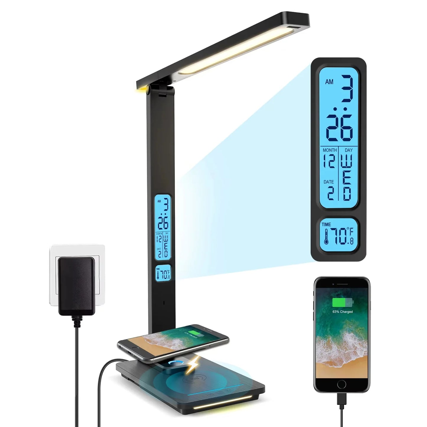 10W QI Wireless Charging LED Desk Lamp USB Charging Port Sliding Dimmable Auto Timer with Night Light Table Lamp