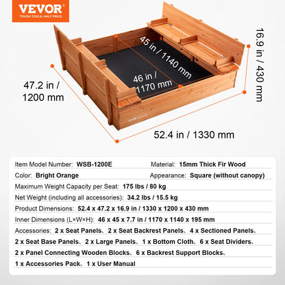 Sandbox with Cover, 4 Corner Seating and Bottom Liner
