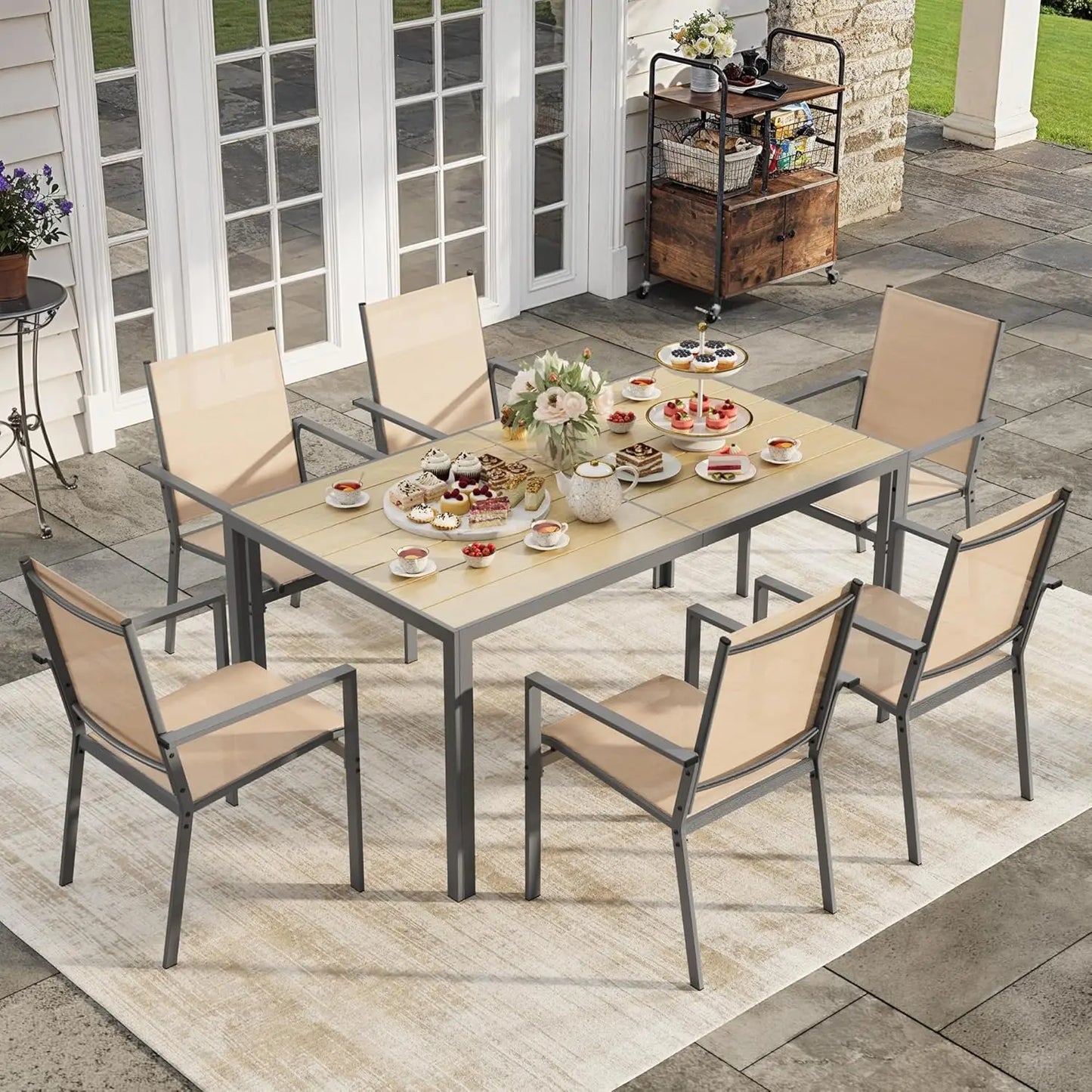 Patio Dining Set 7 Pieces Outdoor Furniture with Large Table and 6 Textilene Chairs