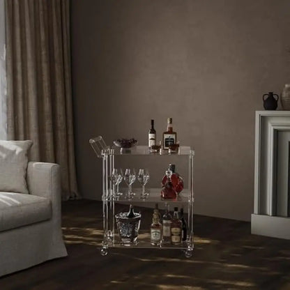 Acrylic Bar Cart with 4 Lockable Wheels, 30.5" L x 15.2" W x 34.5" H, Rolling Serving Cart, Modern, 3-Tier, Clear