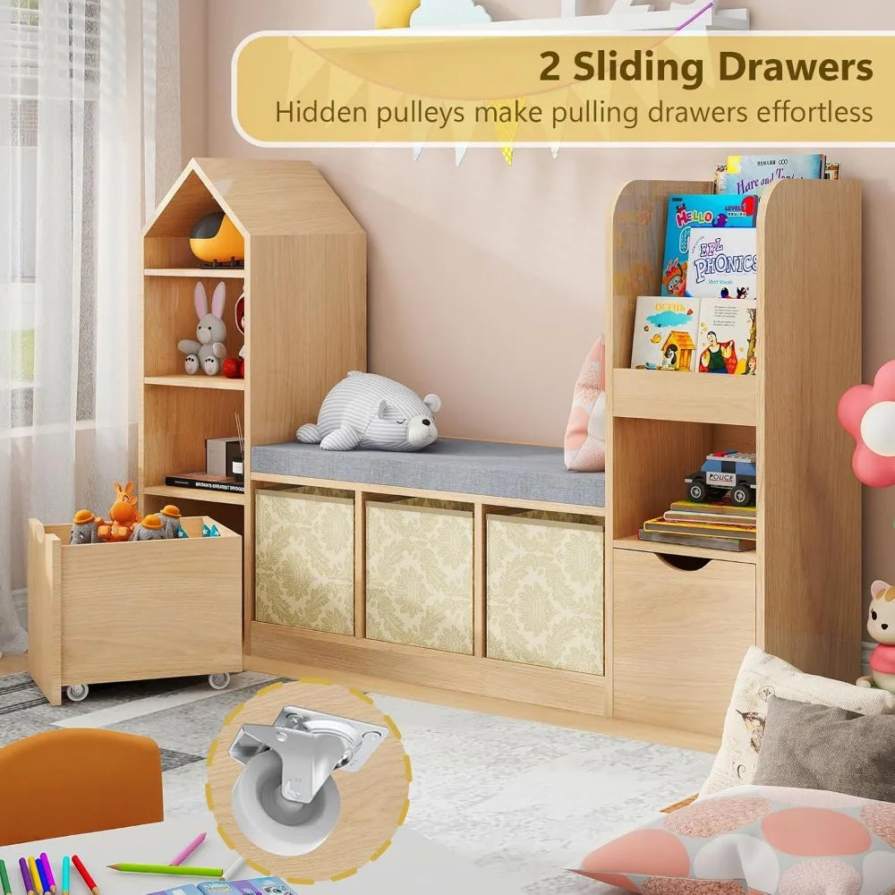 oak kids bookshelf with 7 cubby storage and reading nook