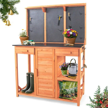 Wooden Garden Potting Bench with Metal Top, Drawer & Storage (Black, 44x20x63)