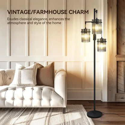 Dimmable Glass Tree Standing Tall Lamps with 3 Elegant Teardrop Cage