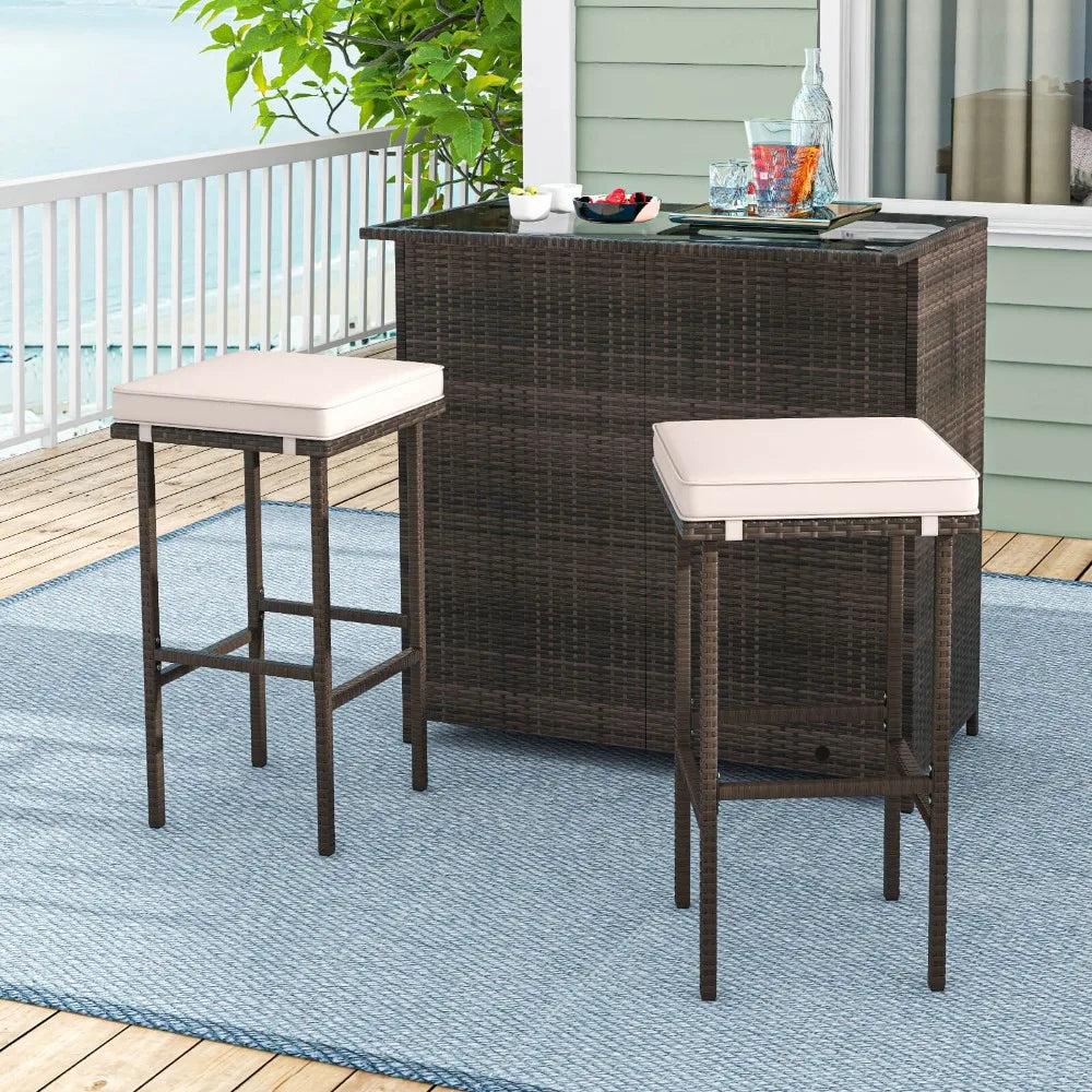 3 PCS Patio Bar Set w/ Tempered Glass Tabletop 2-Tier Storage Removable Cushions