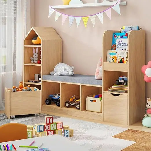 oak kids bookshelf with 7 cubby storage and reading nook