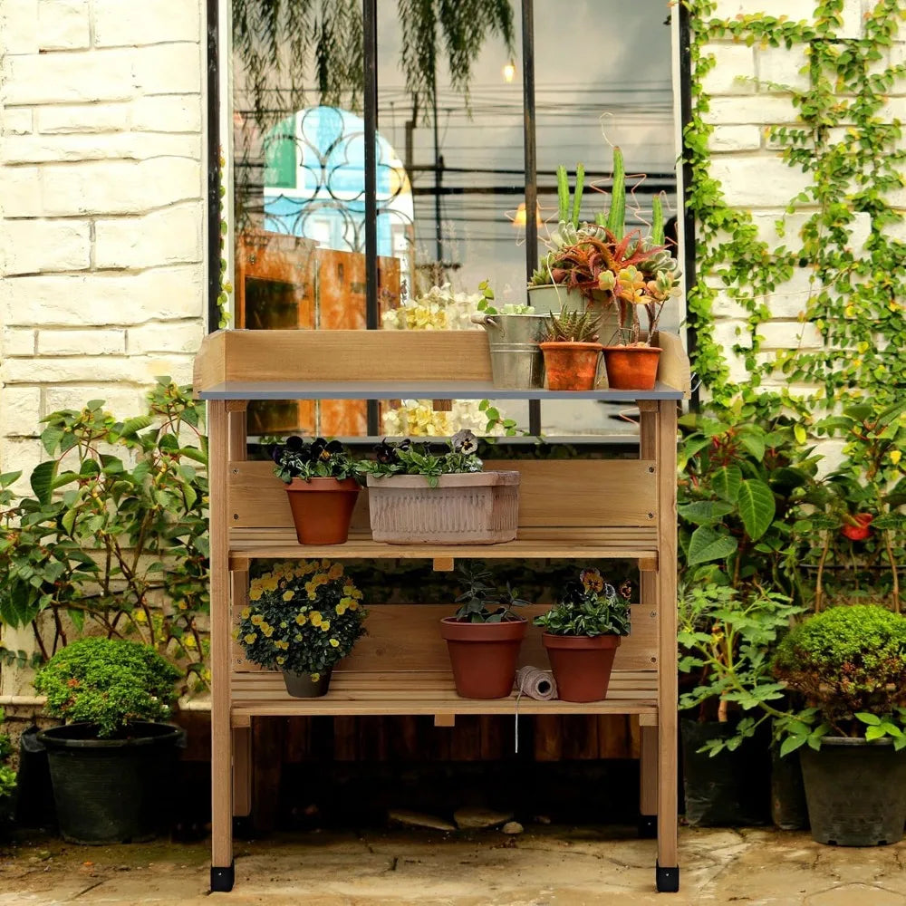 Potting Bench Table wMetal Tabletop for Garden