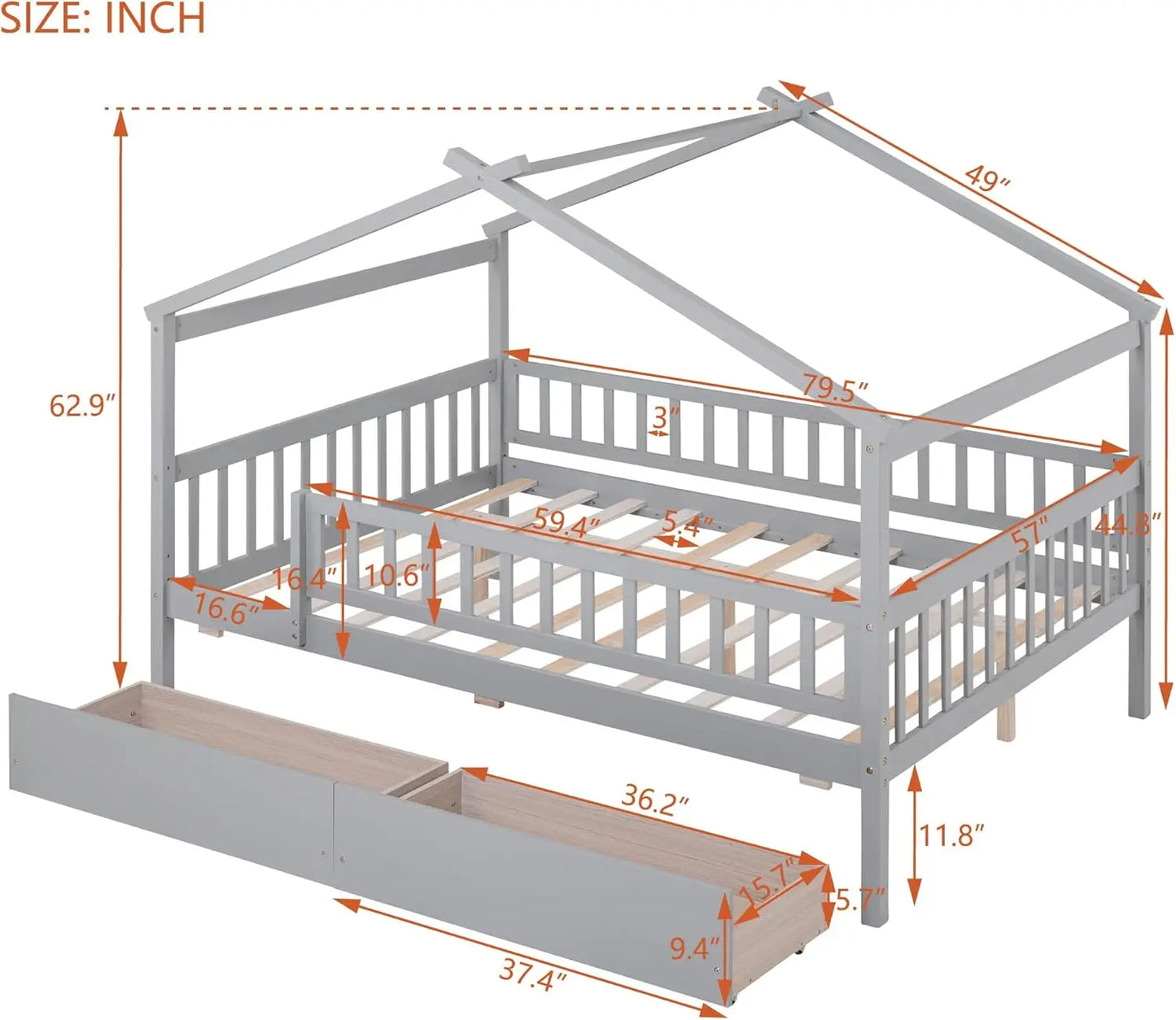 Full House Bed with 2 Drawers, Wooden