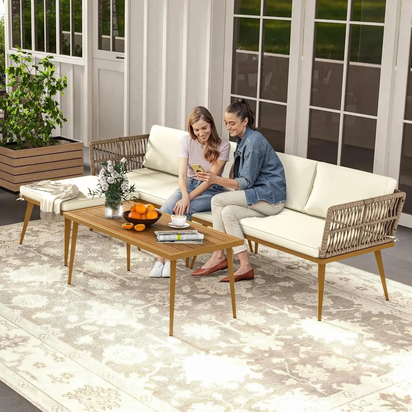 4 Pieces Patio Furniture Set, Sectional L-Shaped Sofa, All-Weather Rattan Woven Conver