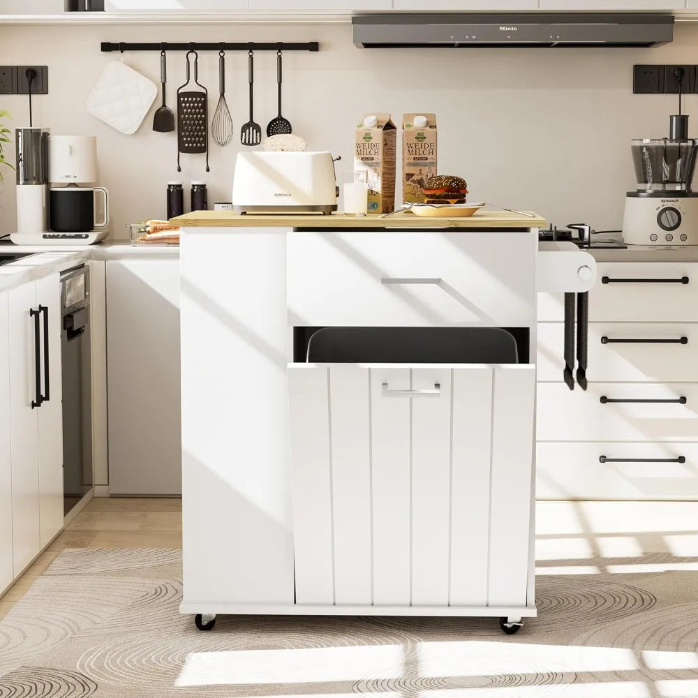 Rolling Kitchen Island with Trash Can Storage