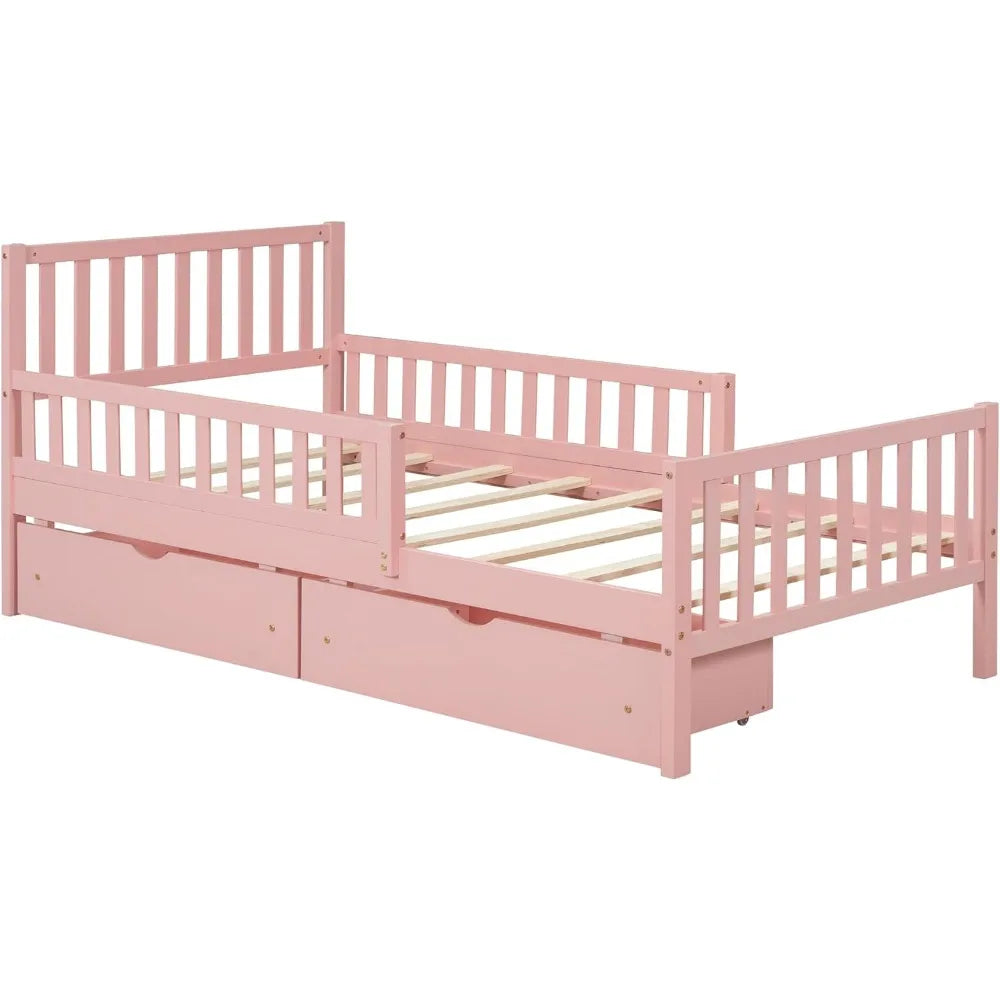 Low Platform Twin Bed with Guardrails, Headboard and Footboard
