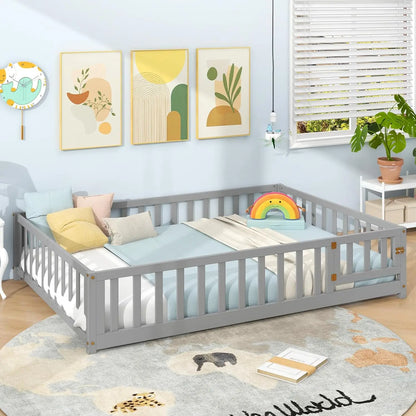Full Size Kids Floor Bed, Wood Slats & Safety Guardrails